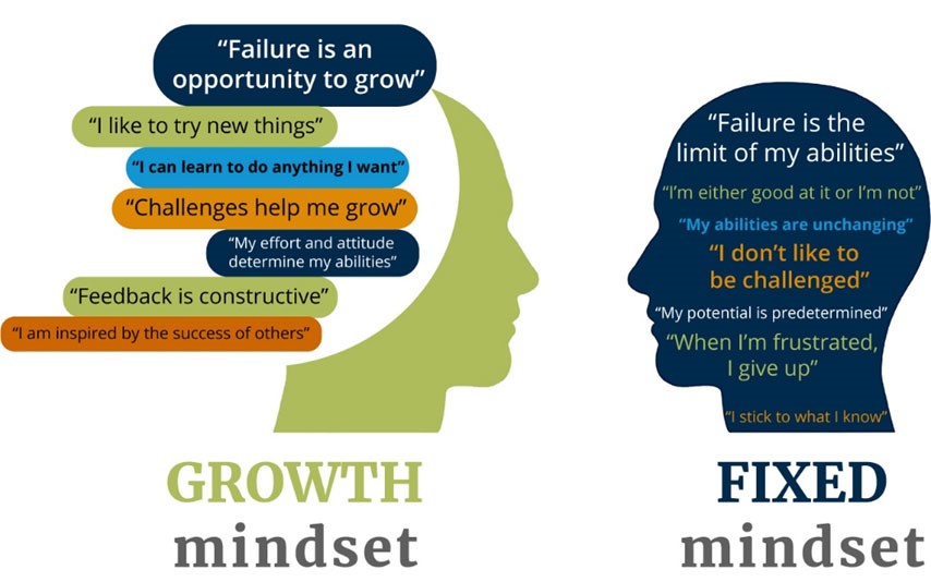 Information graphic with two profiles of human heads. The head on the left is green with a "growth mindset" label and statements like "Failure is an opportunity to grow" and "I like to try new things." The head on the right is blue and labeled with a "fixed mindset" and statements like "Failure is the limit of my abilities," and "I'm either good at it or I'm not."